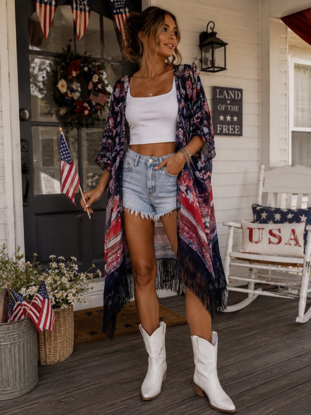 Boho Floral Fringe Kimono Cover Up Fourth of July Americana Festival Duster